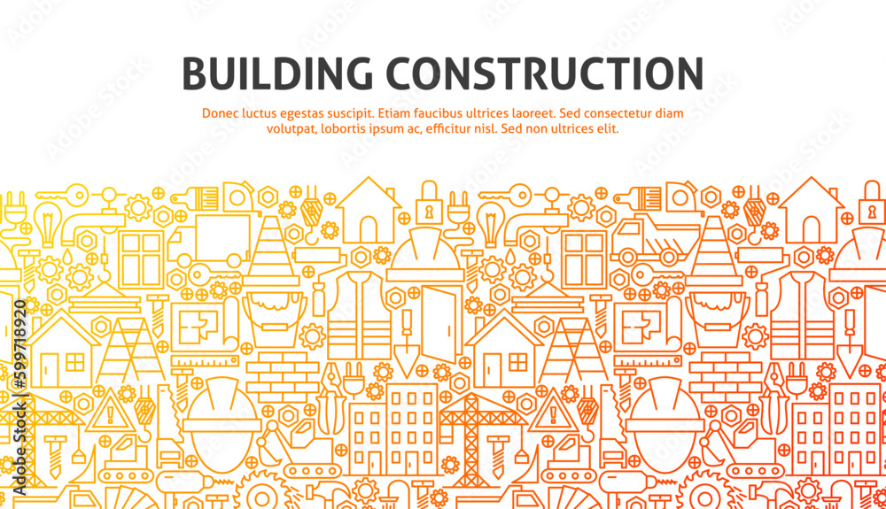 Building Construction Concept. Vector Illustration of Line Website Design. Banner Template.