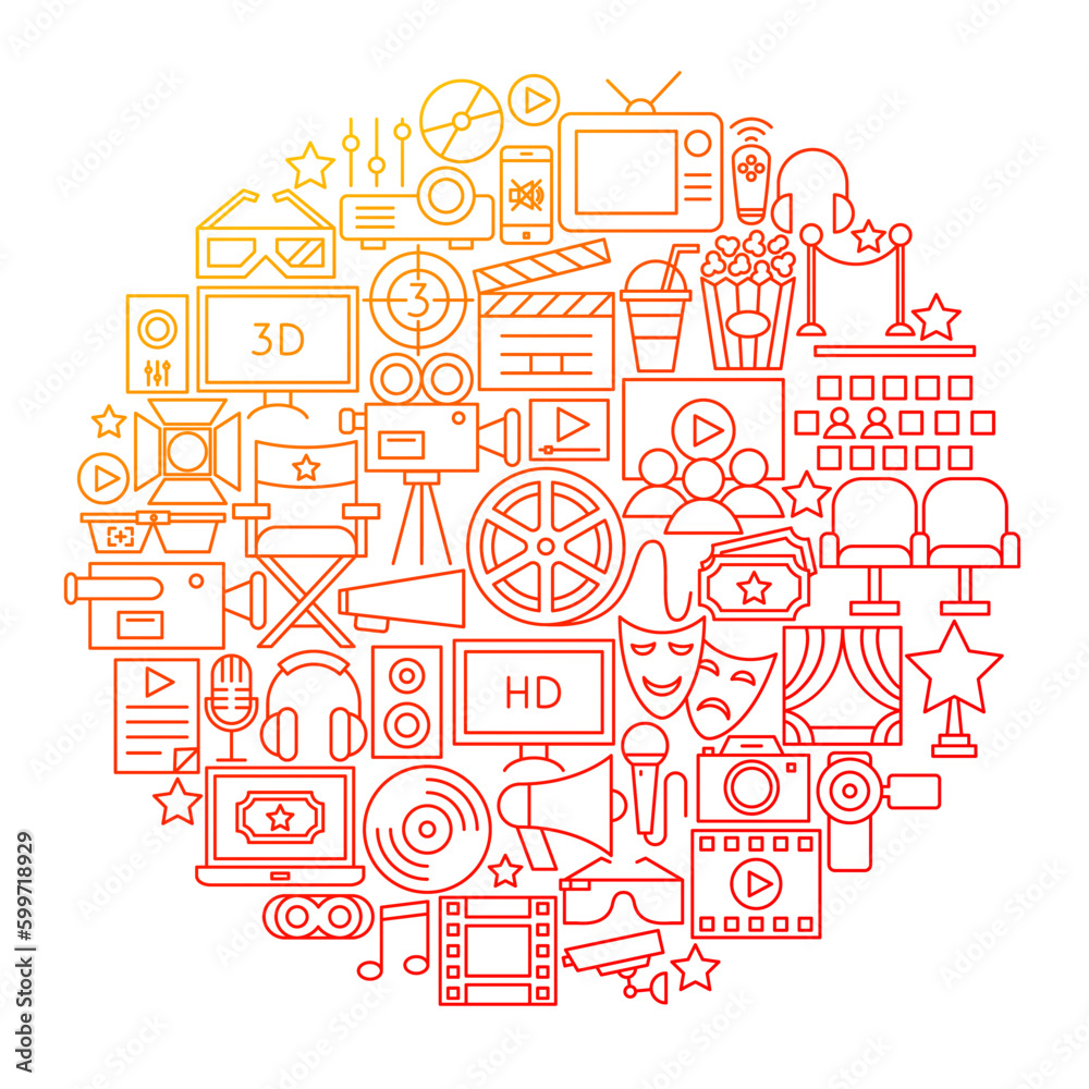 Cinema Line Icon Circle Design. Vector Illustration of Movie Objects Isolated over White.