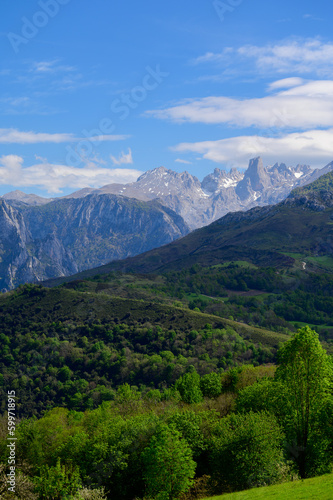 View on Naranjo de Bulnes or Picu Urriellu,  limestone peak dating from Paleozoic Era, located in Macizo Central region of Picos de Europa, mountain range in  Asturias, Spain © barmalini