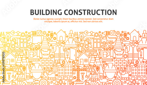 Building Construction Concept. Vector Illustration of Line Website Design. Banner Template.