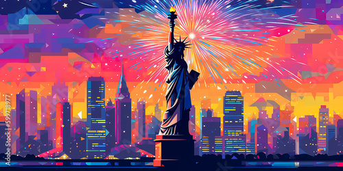 Fireworks over New York City skyline  Statue of Liberty  graphic design  4th of July  New Year s Eve  celebration  background. Generative AI