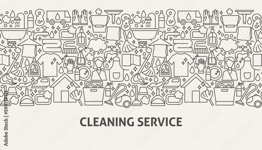 Cleaning Service Banner Concept. Vector Illustration of Line Web Design.
