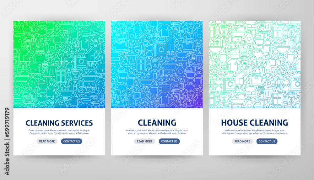Cleaning Services Flyer Concepts. Vector Illustration of Outline Web Banner Design.