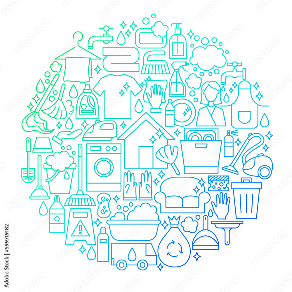 Cleaning Services Line Icon Circle Design. Vector Illustration of Objects Isolated over White.