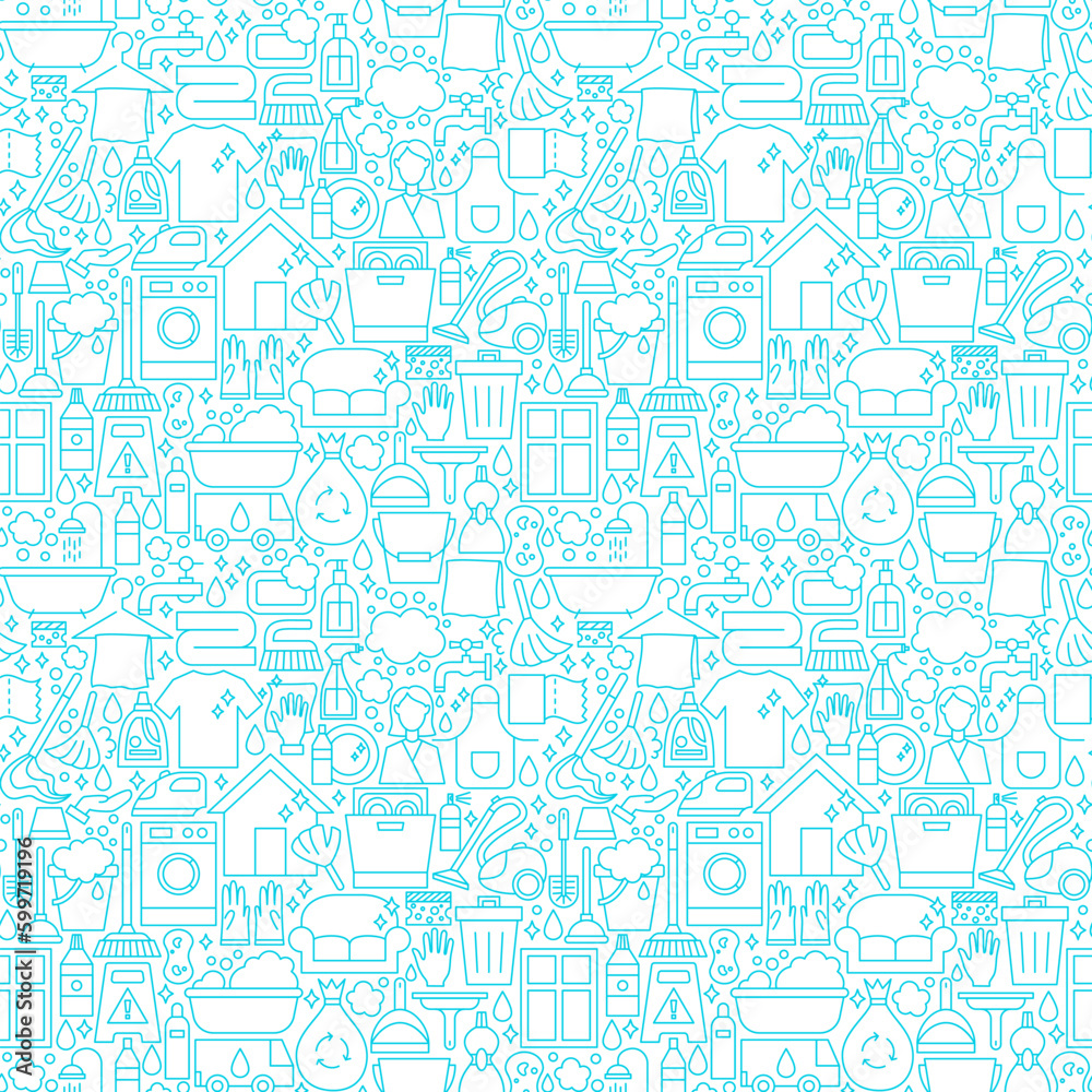 Cleaning White Line Seamless Pattern. Vector Illustration of Outline Tileable Background.