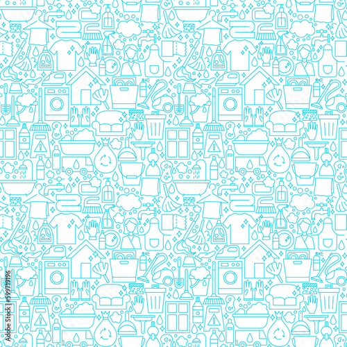 Cleaning White Line Seamless Pattern. Vector Illustration of Outline Tileable Background.