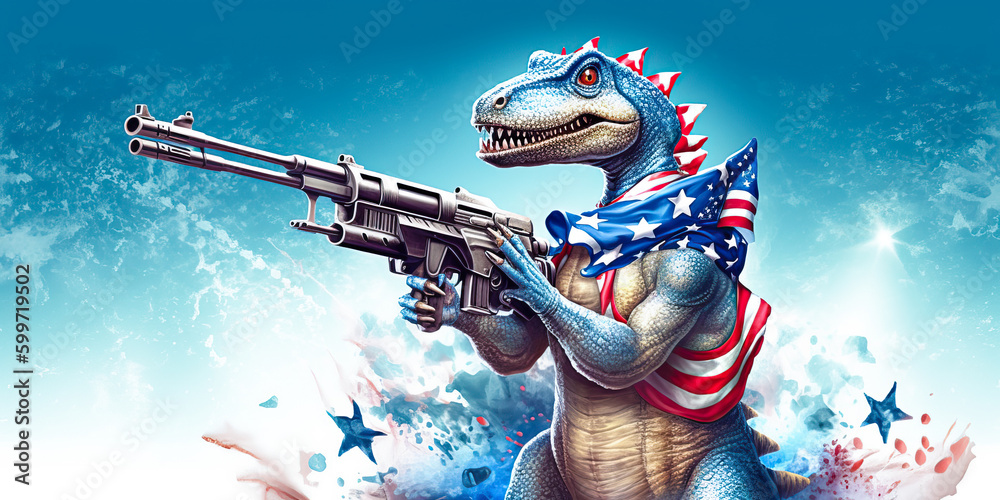 Naklejka premium Patriotic American dinosaur with gun. Generative AI