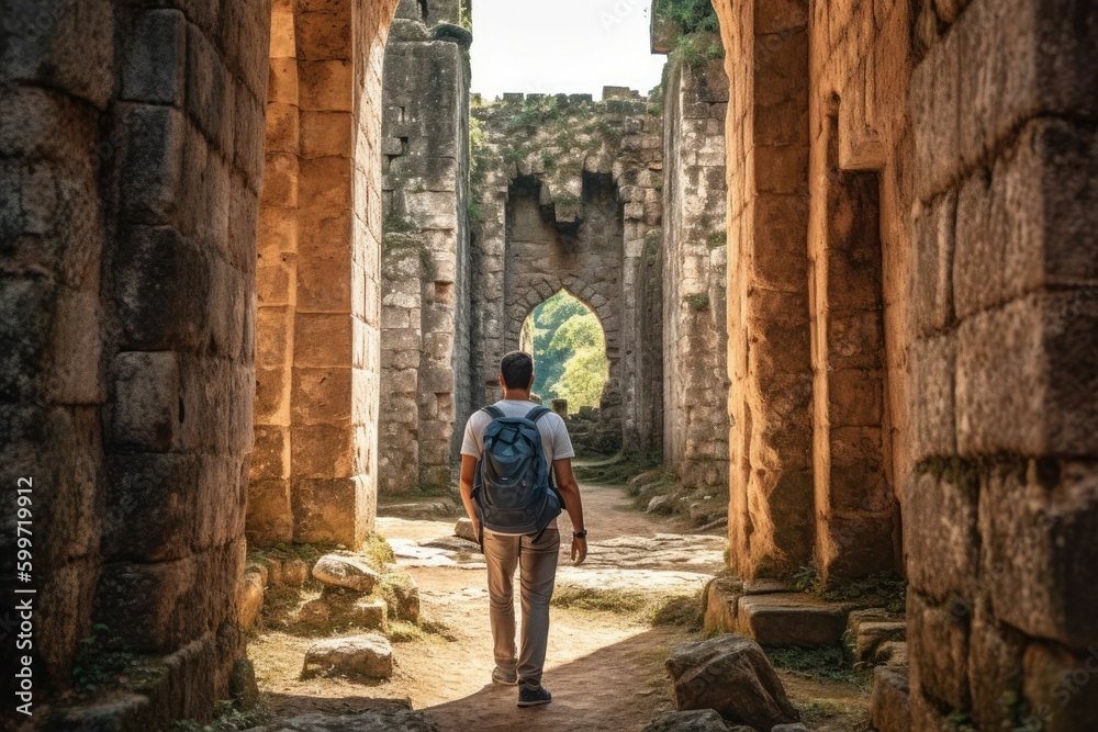 traveler exploring ancient ruins, generative ai