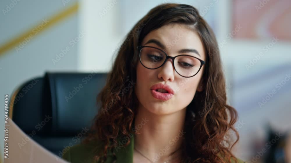 Woman talking online interview indoors. Girl speaking video conference close up. Woman talking online interview indoors. Girl speaking video conference close up.