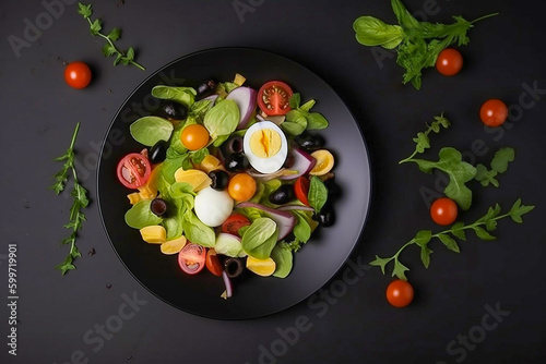 Boiled eggs, tomatoes, red onion, green leaves salad, top view. Generative AI
