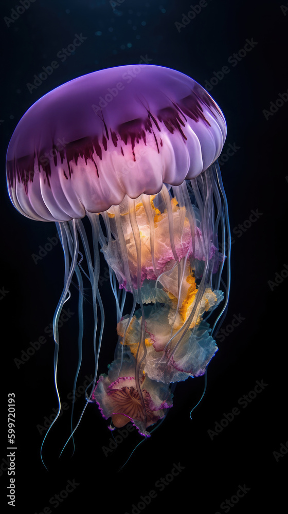 Beautiful jellyfish with a pink umbrella and tentacles. Generative AI