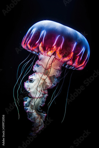 Pink jellyfish swimming in the abyss. Generative AI © CostantediHubble