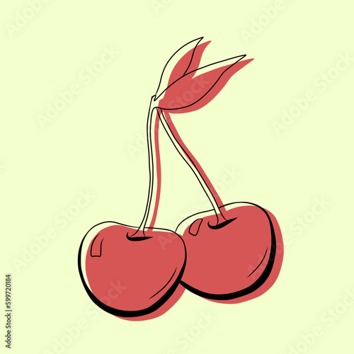 Colorful abstract cherries on green summer background. The icon is made in one line style and have a flat background. Stylish fruity red illustration, icon, background. Vector graphic.