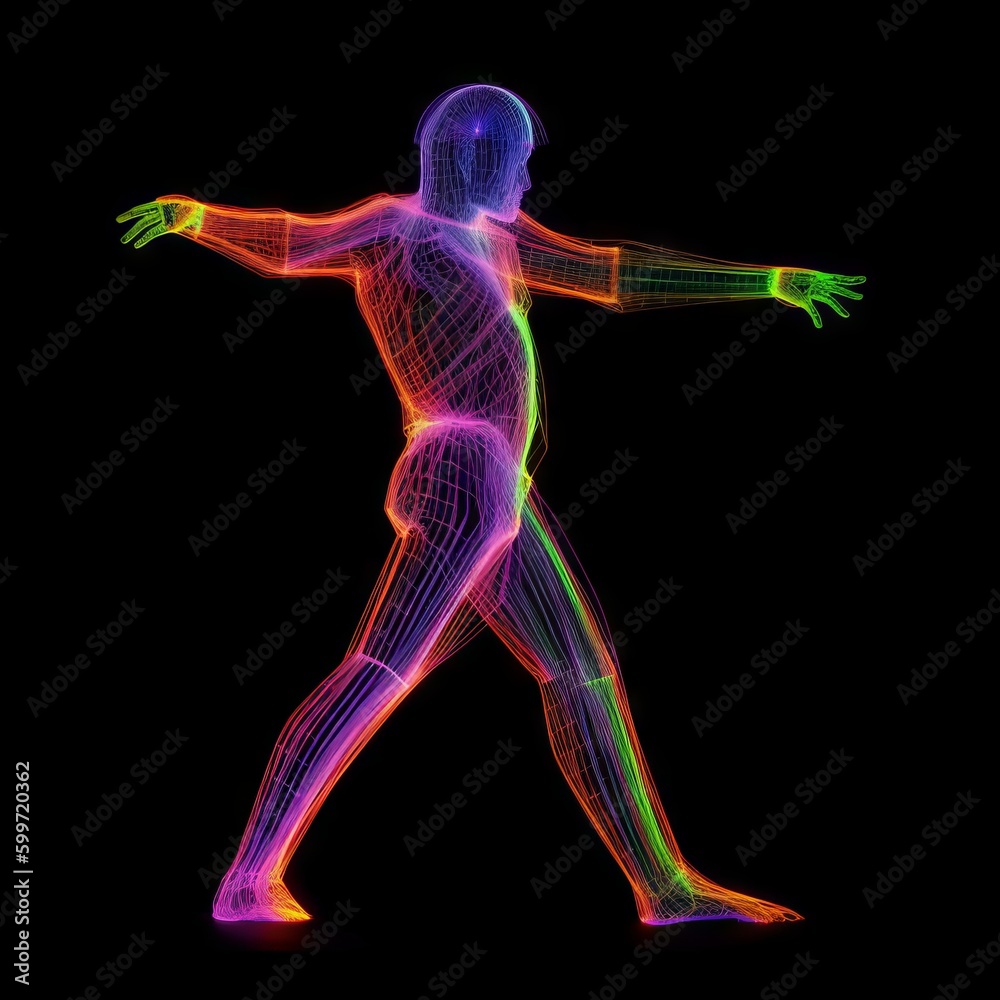 Human body made up by glowing neon pattern. Made with Generative AI.