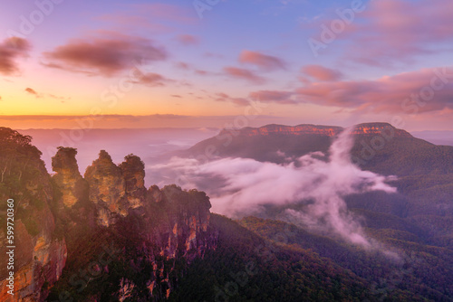 Misty sunrise over the Jamison Valley in the Blue Mountains west of Sydney