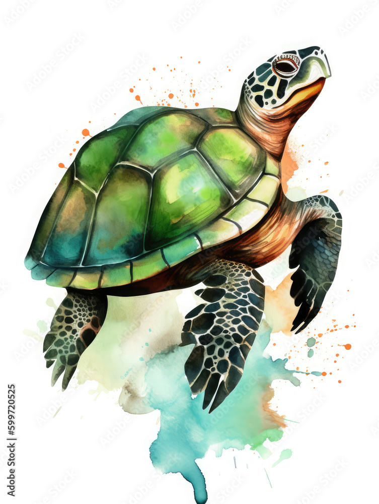 Obraz premium Watercolor illustration of a green sea turtle. Generative AI