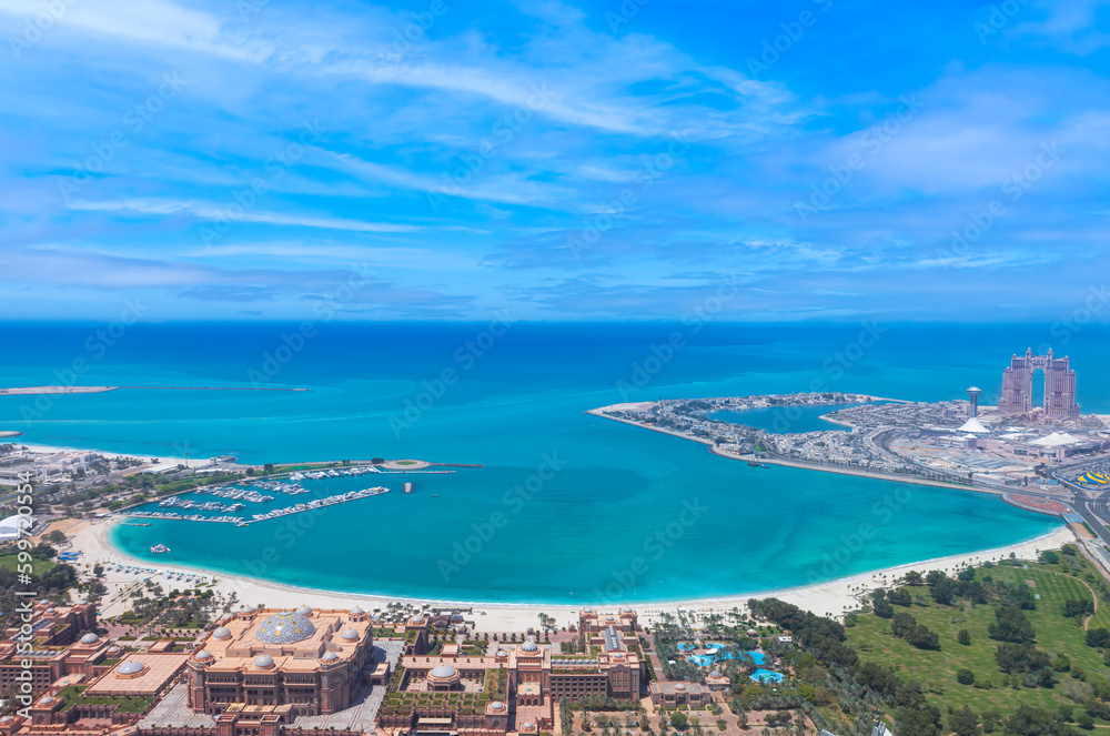 UAE, United Arab Emirates, Abu Dhabi waterfront downtown marina and coastal panorama and skyline.