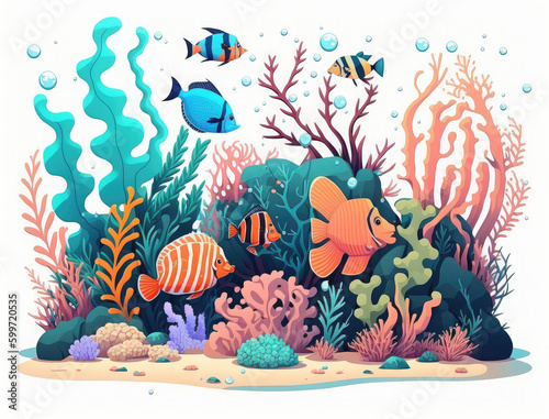 Illustration of a coral reef with tropical fishes swimming around. White background. Generative AI