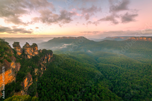 Misty sunrise over the Jamison Valley in the Blue Mountains west of Sydney