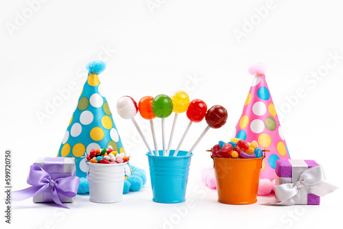 a front view colorful candies with little round lollipops isolated on the white background sweet sugar confectionery