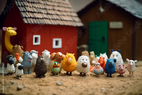 Claymation style illustration of a family of farm animals. Generative AI.