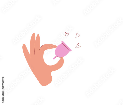 Zero waste menstrual cup in a hand, silicone hygiene item. Vector illustration on white background.