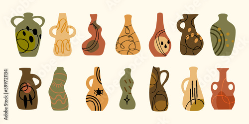 Hand drawn ceramic Vase set. Silhouettes of flower vases, earthenware jugs. Boho style. Vector illustration