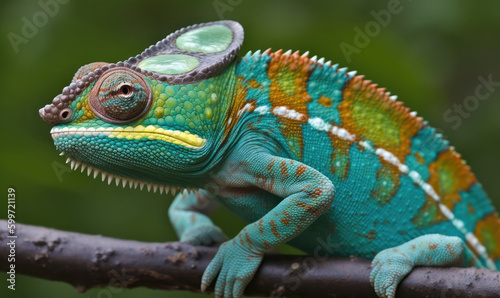 Chameleon on a branch. Wildlife macro portrait. Generative AI