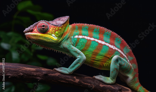 Close-uo of a chameleon standing on a branch. Generative AI © CostantediHubble