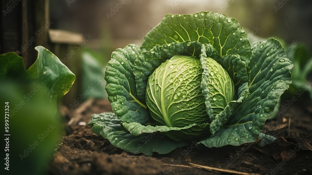 Fototapeta premium Cabbage with water drops on a farmland, Fresh, Juciy, Healthy, Farming, Harvesting, Environment, Perfessional and award-winning photograph, Close-up - Generative AI