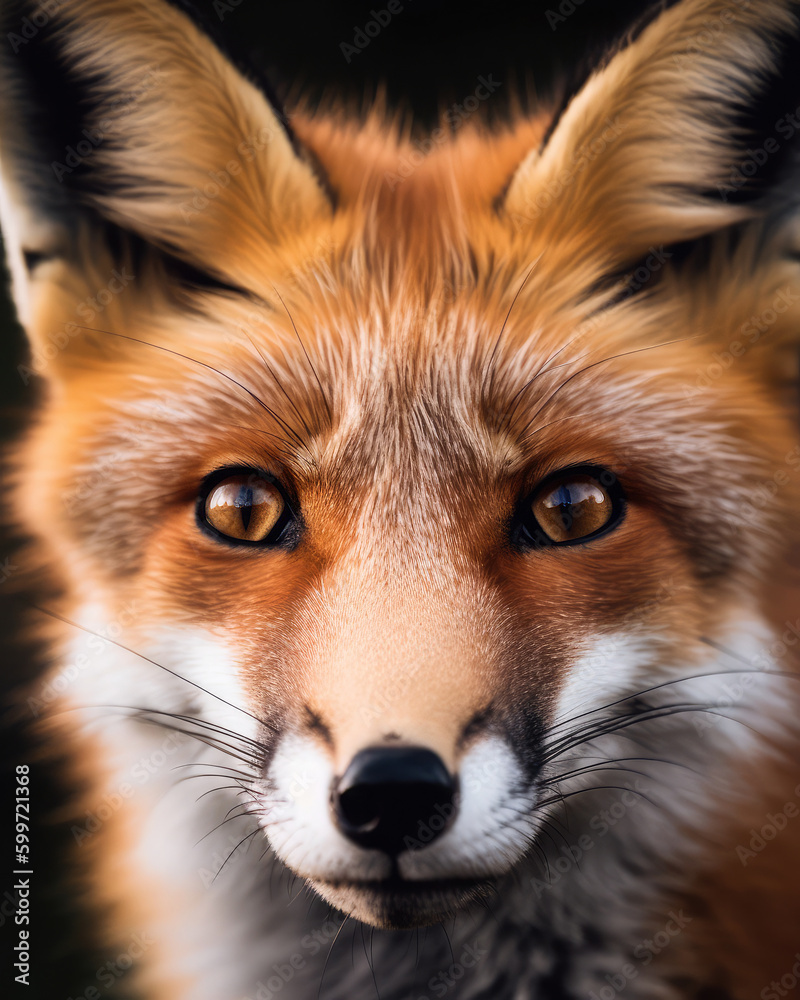 Red fox (vulpes vulpes) close-up portrait on black. Generative AI Red fox (vulpes vulpes) close-up portrait on black. Generative AI