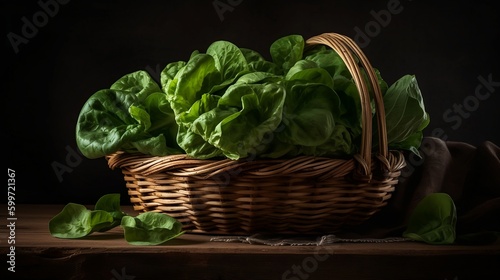 Lettuce in a basket, dark background, Fresh, Juciy, Healthy, Farming, Harvesting, Environment, Perfessional and award-winning photograph, Close-up - Generative AI photo