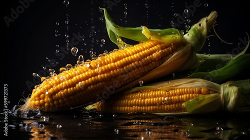 Corn with water drops, dark background, Fresh, Juciy, Healthy, Farming, Harvesting, Environment, Perfessional and award-winning photograph, Close-up - Generative AI photo