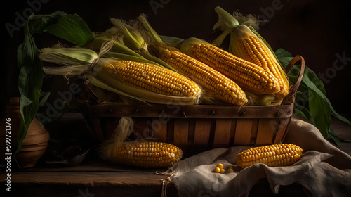 Corn in a basket, dark background, Fresh, Juciy, Healthy, Farming, Harvesting, Environment, Perfessional and award-winning photograph, Close-up - Generative AI photo