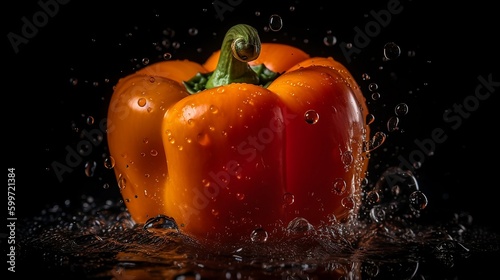Orange pepper with water drops, dark background, Fresh, Juciy, Healthy, Farming, Harvesting, Environment, Perfessional and award-winning photograph, Close-up - Generative AI