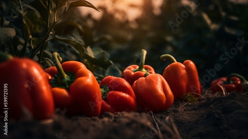 Peppers with water drops on a farmland, Fresh, Juciy, Healthy, Farming, Harvesting, Environment, Perfessional and award-winning photograph, Close-up - Generative AI photo