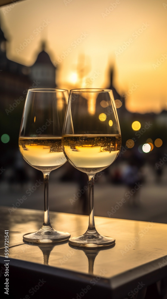 2 Glässer Weißwein spät abends bei Sonnenuntergang in der Stadt. Hochformat. Hochkant. Generative Ai.