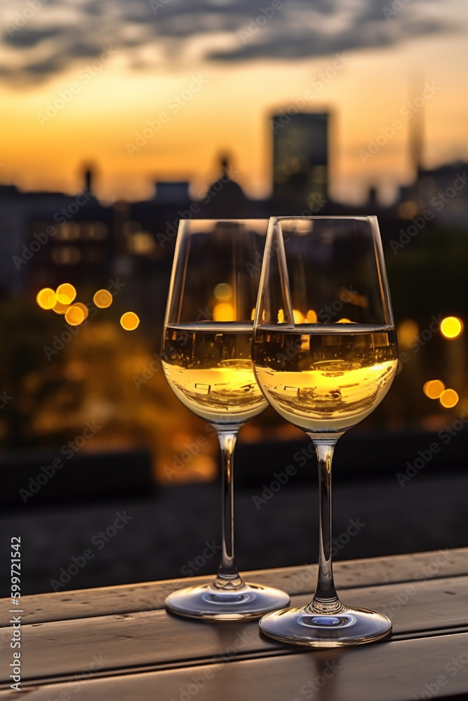 2 Glässer Weißwein spät abends bei Sonnenuntergang in der Stadt. Hochformat. Hochkant. Generative Ai.