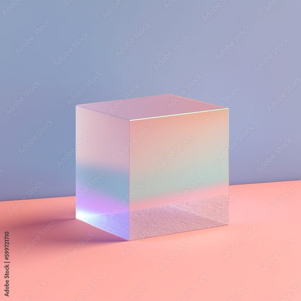 Luminescent Glass Cube Block with Glowing Prisms on Pastel Background - Product Mock Up or Step Up Display in Cotton Candy Aesthetic - Generative AI Luminescent Glass Cube Block with Glowing Prisms on Pastel Background - Product Mock Up or Step Up Display in Cotton Candy Aesthetic - Generative AI