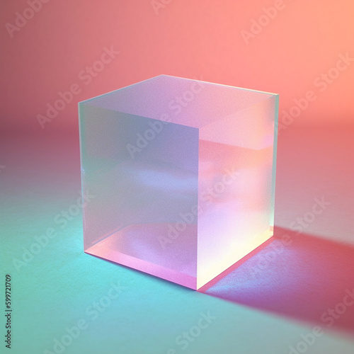 Luminescent Glass Cube Block with Glowing Prisms on Pastel Background - Product Mock Up or Step Up Display in Cotton Candy Aesthetic - Generative AI