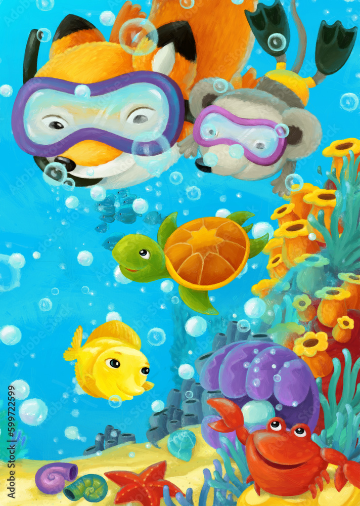 cartoon ocean scene coral reef forest animals diving cartoon ocean scene coral reef forest animals diving