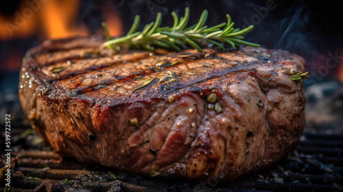 Juicy grilled beef tenderloin, cooked steak meat, served with herbs and rosemary, close-up view. AI-generated image