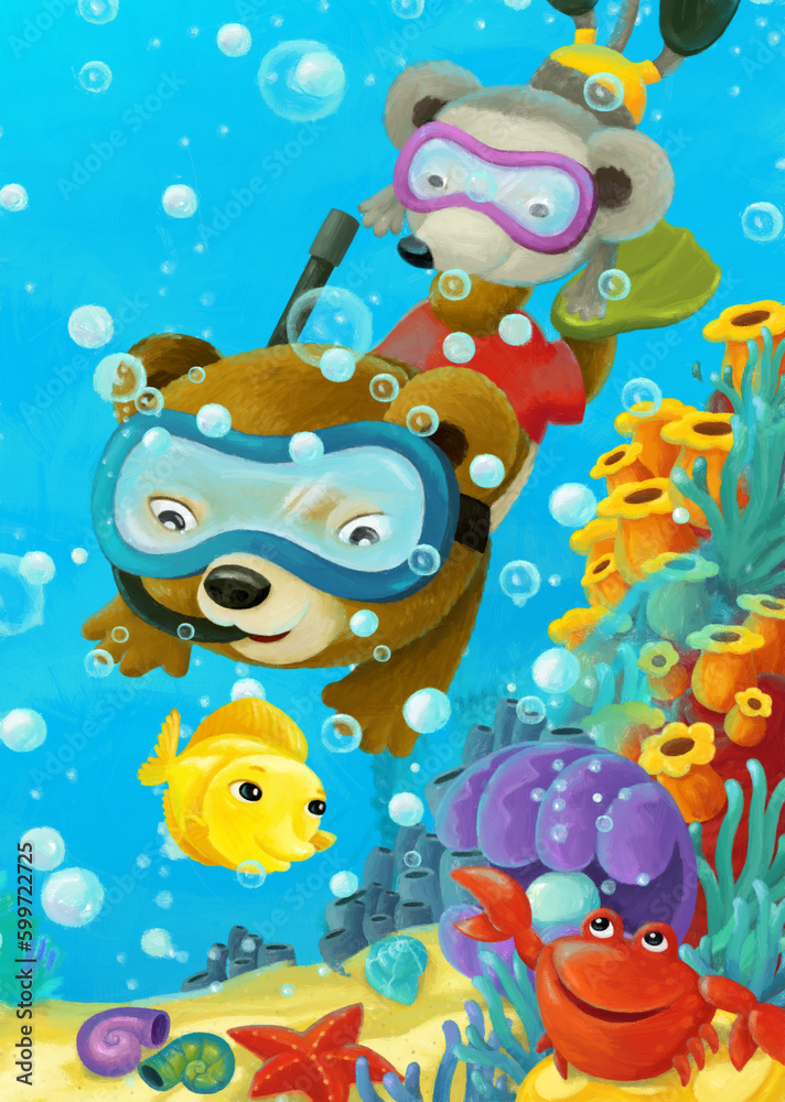 Obraz premium cartoon ocean scene coral reef forest animals diving