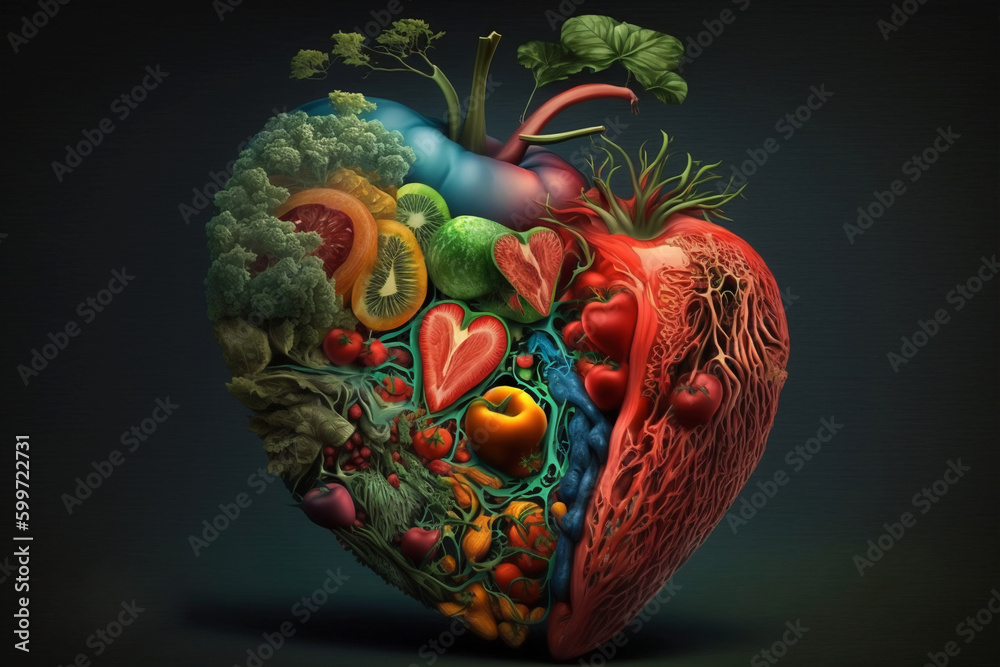 Fototapeta premium Healthy heart. Healthy lifestyle. Intake of fruits and vegetables for a natural life. Healthy heart concept. Heart made of fruits and vegetables. Concept image. Black background. Generative ai.