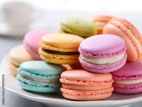 A plate of colorful macarons on a white background. Generative AI
