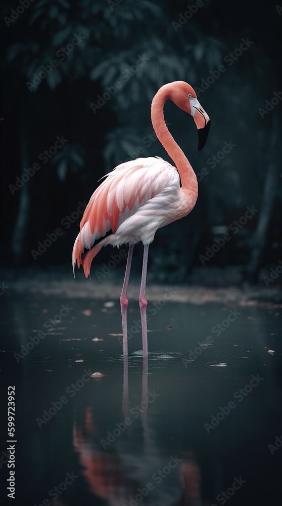 A pink flamingo stands in the water. Close-up. Generative AI