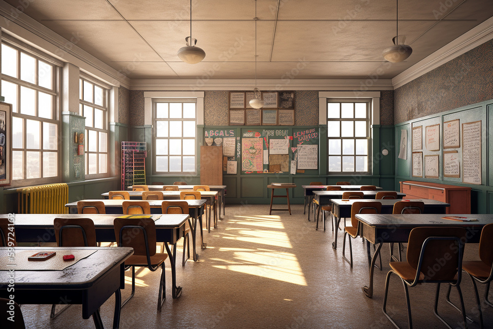 Illustration of a school classroom full of desks but no children. Generative AI.
