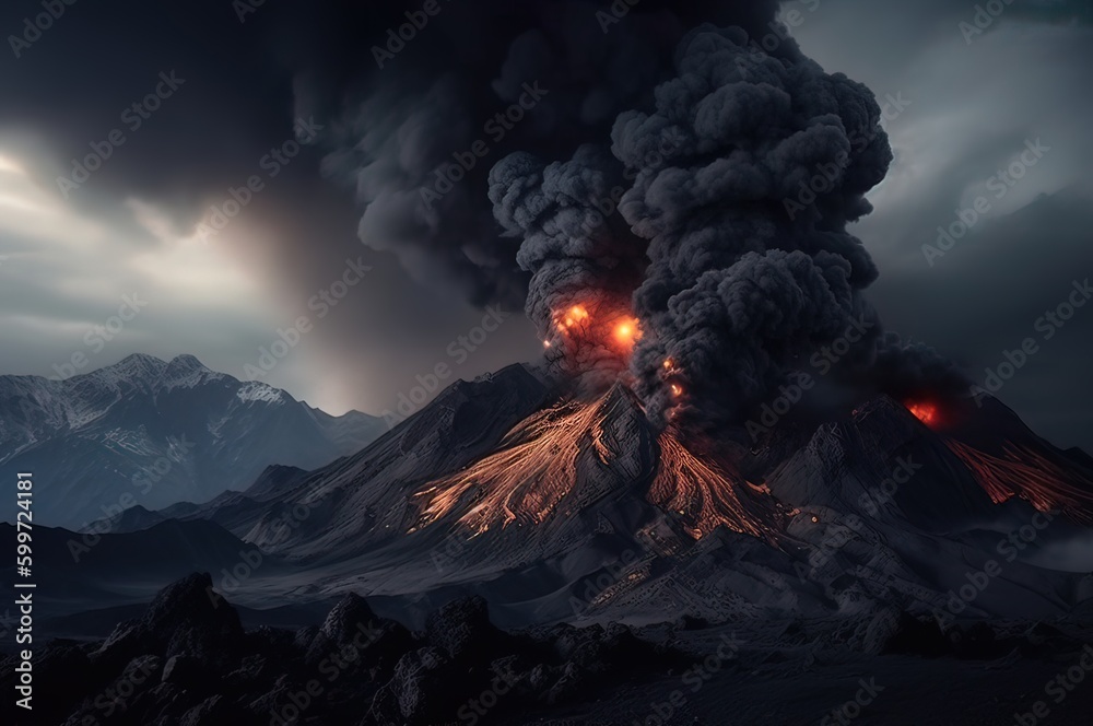 Fototapeta premium A volcanic eruption in the mountains with a column of lava and smoke. Generative AI