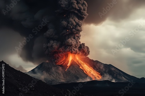 A volcanic eruption in the mountains with a column of lava and smoke. Generative AI