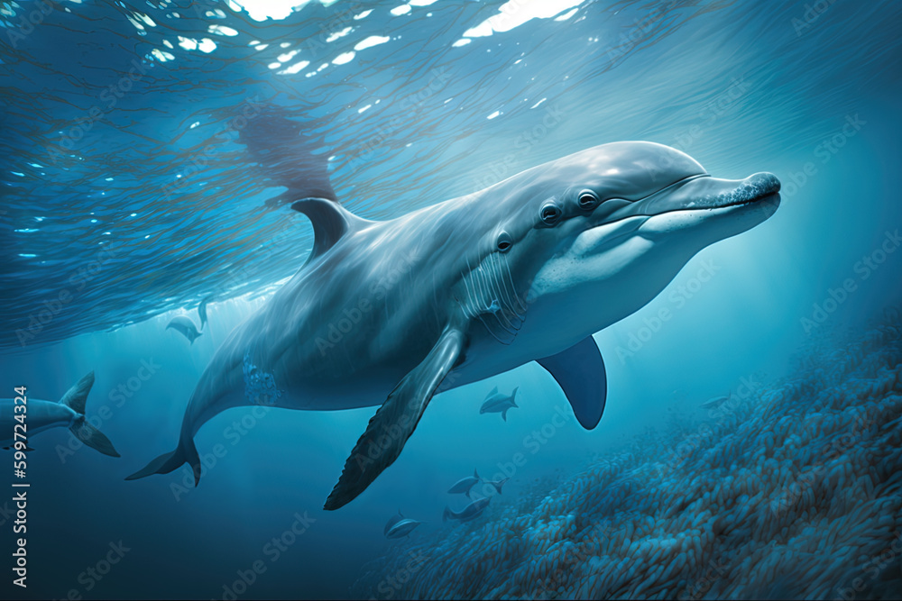 Fototapeta premium Generative AI. Dolphin swimming in the deep ocean